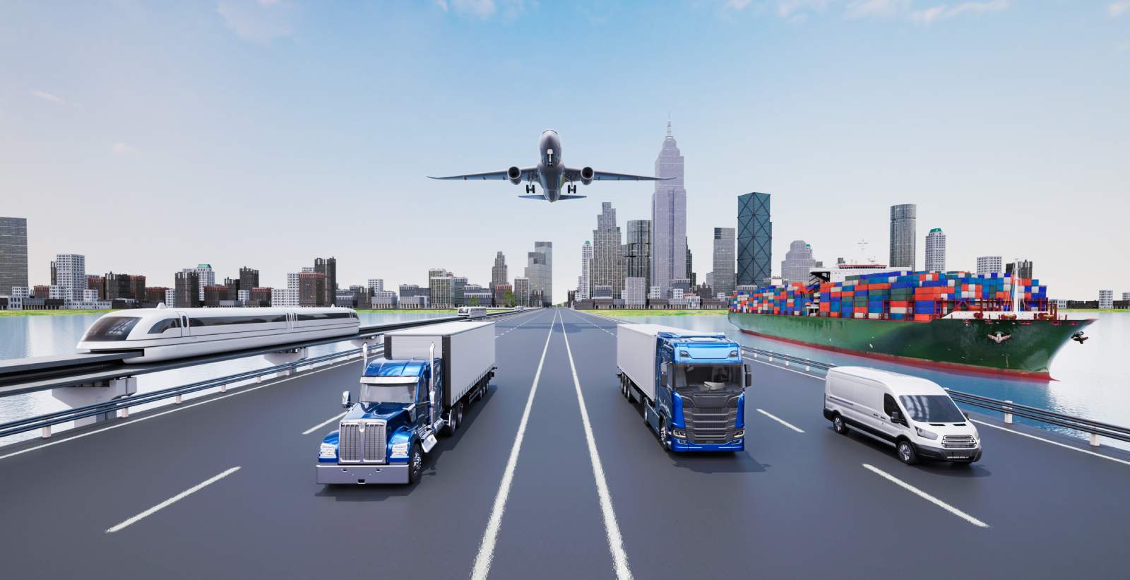 Transport und Logistik mit LKW, Flugzeug, Schiff und Güterzug